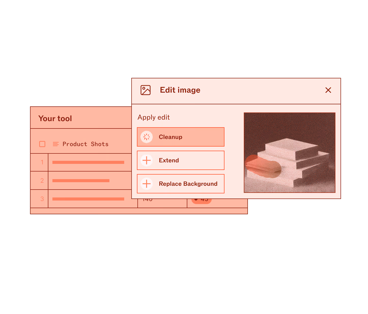 Editing tool interface with options to Cleanup, Extend, or Replace Background for product shots.