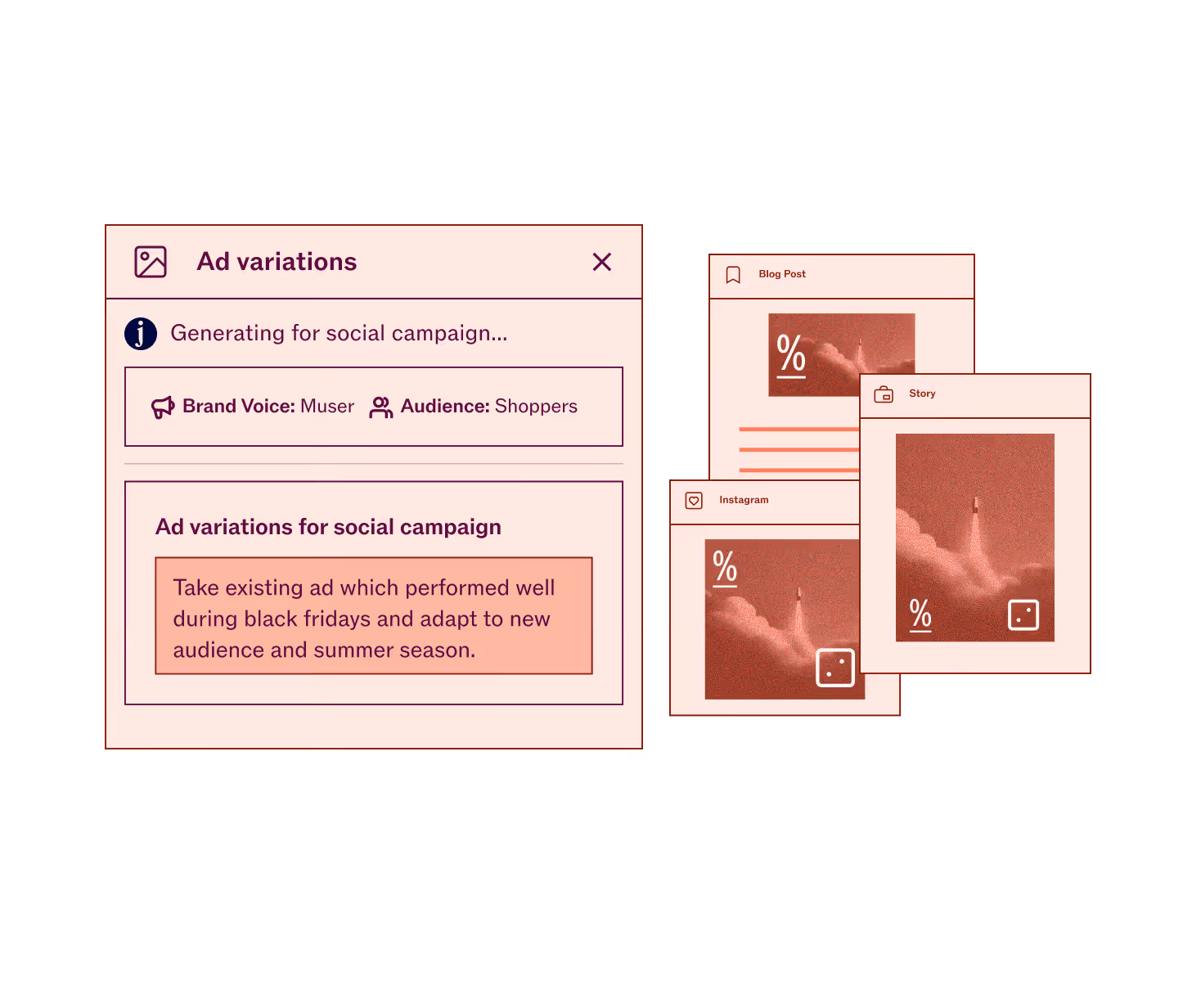 Red illustration depicting a UI generating ad generations with visuals.