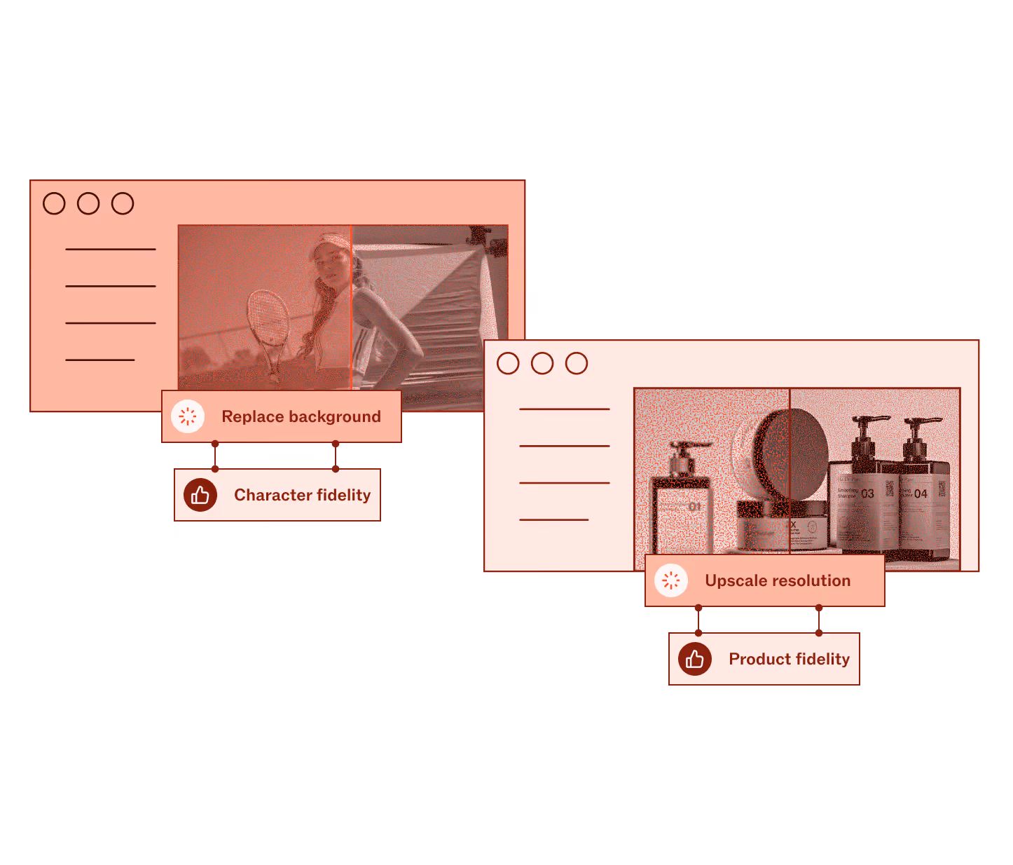 Red illustration depicting updating image resolution and replacing image backgrounds for improved product fidelity.