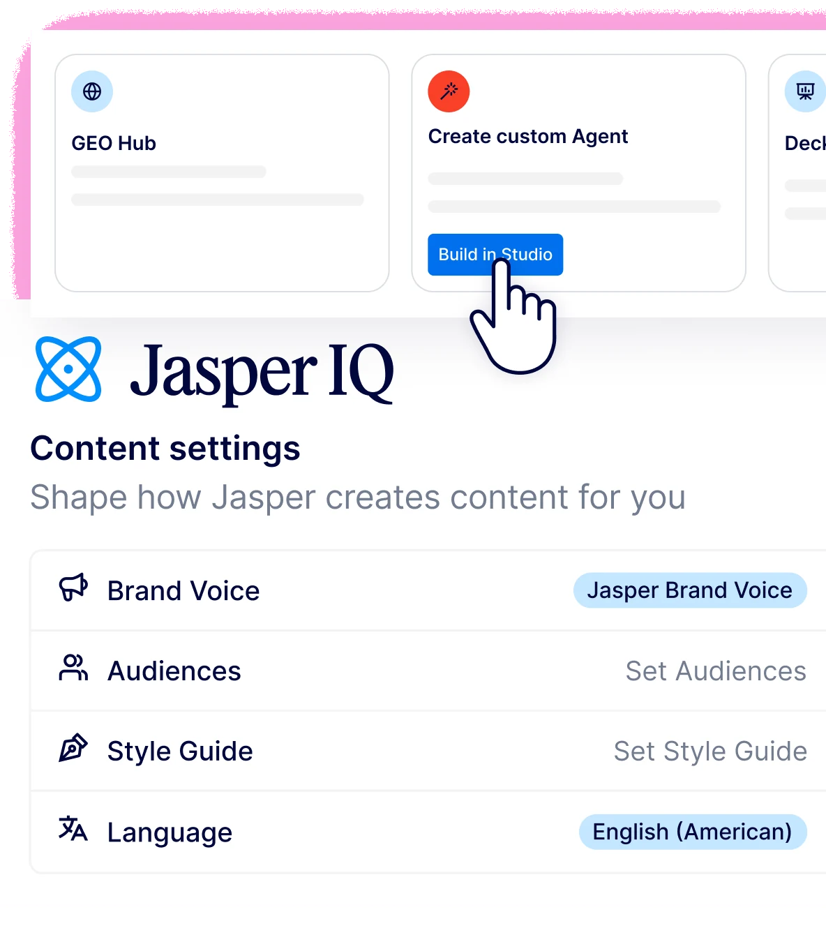Jasper IQ content settings for brand voice, audiences, style guide and language next to agent cards