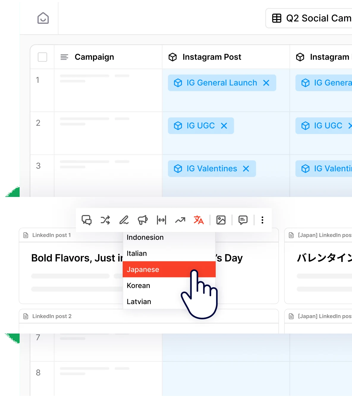 Jasper Grid with campaign posts being translated into other languages