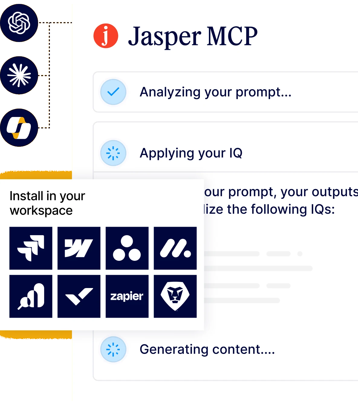 Jasper MCP applying company IQs to a prompt, connected to workplace apps