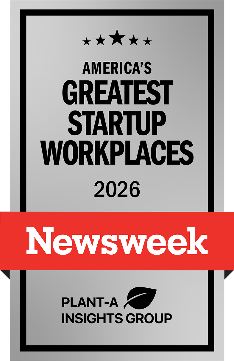 Silver award plaque with five black stars above the text: America’s Greatest Startup Workplaces 2026, a red banner with Newsweek in white, and Plant-A Insights Group logo with a leaf icon below.