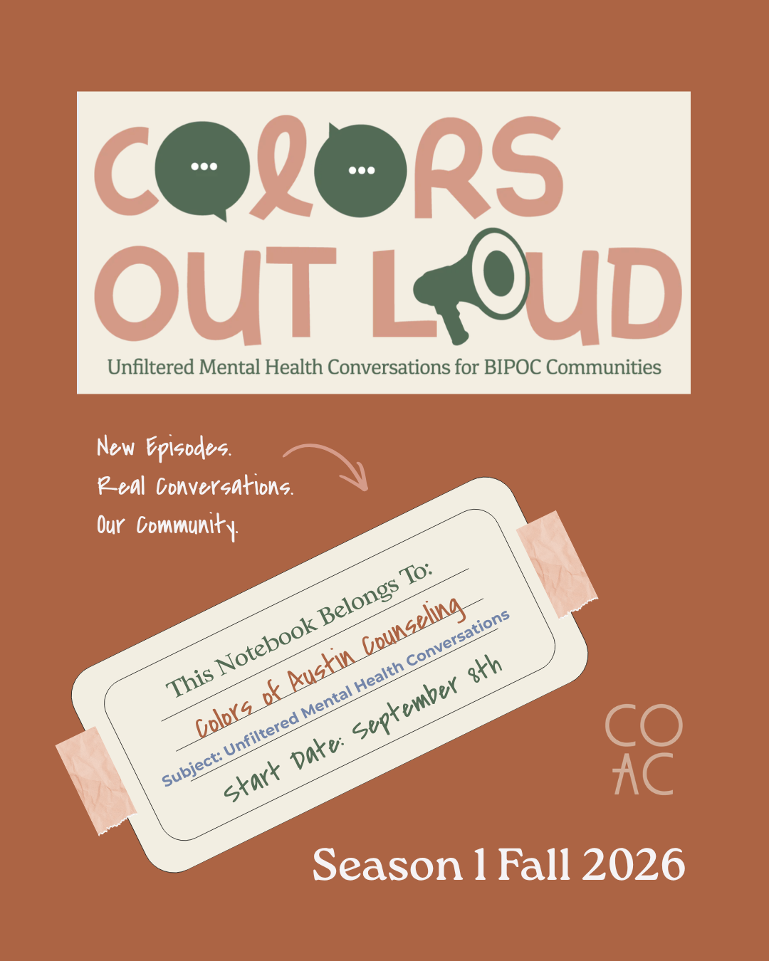 Colors Out Loud podcast logo with notebook label for counseling and mental health talks starting September 8, 2026.