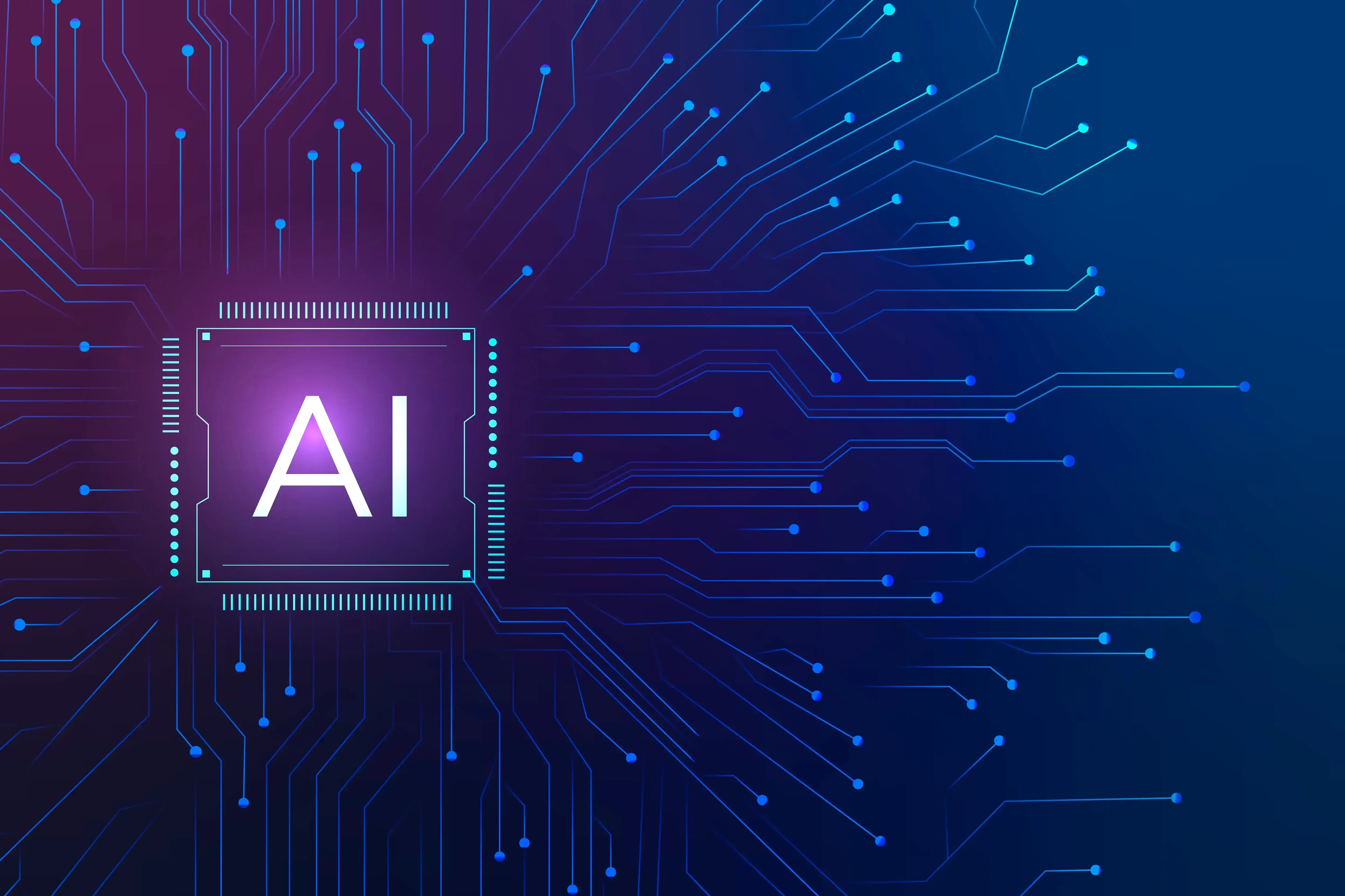 Glowing AI microchip on a blue circuit board background