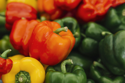 Red, yellow and green bell peppers piled together