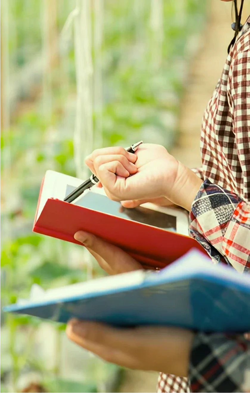 Person taking notes on a clipboard in a greenhouse