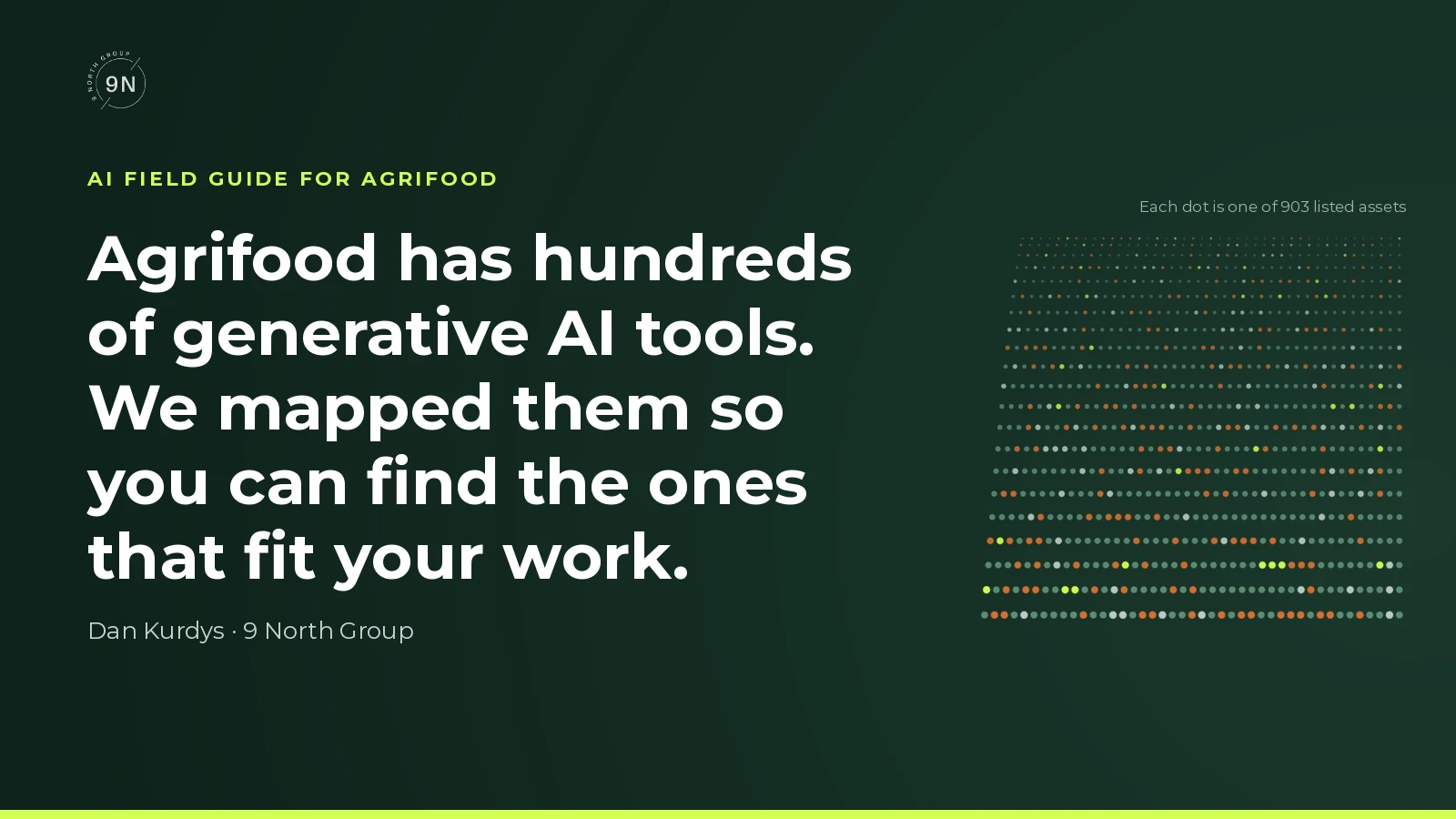 AI Field Guide for Agrifood: Agrifood has hundreds of generative AI tools. We mapped them so you can find the ones that fit your work. By Dan Kurdys, 9 North Group
