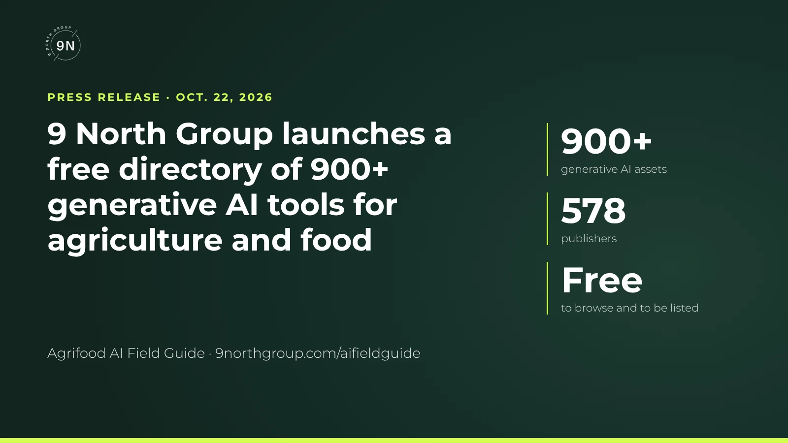 Press release: 9 North Group launches a free directory of 900+ generative AI tools for agriculture and food. 900+ assets, 578 publishers, free to browse and to be listed.