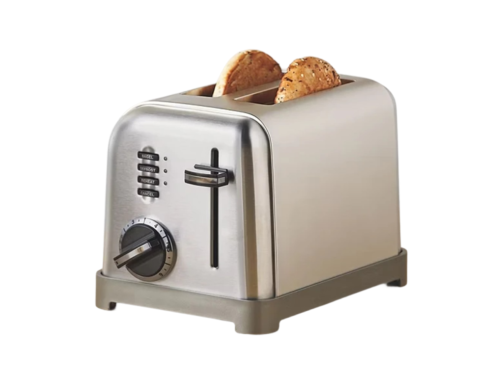 Silver two-slot toaster with two toasted bagel halves popping up and control buttons on the side.