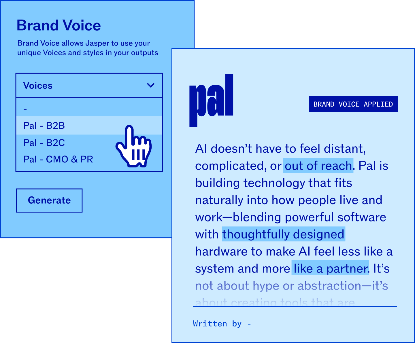 Jasper Brand Voice selector open showing multiple Pal AI voice configurations — Pal B2B, Pal B2C, and Pal CMO and PR — with generated on-brand copy previewed alongside the Pal logo with Brand Voice Applied