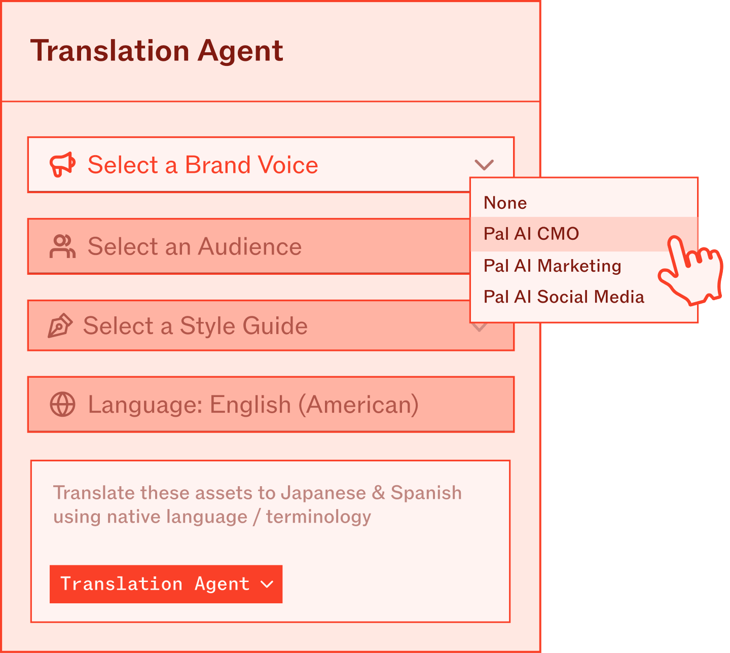 Jasper Translation Agent interface with a Brand Voice dropdown open showing Pal AI CMO, Pal AI Marketing, and Pal AI Social Media options, configured to translate campaign assets to Japanese and Spanish using native language and terminology