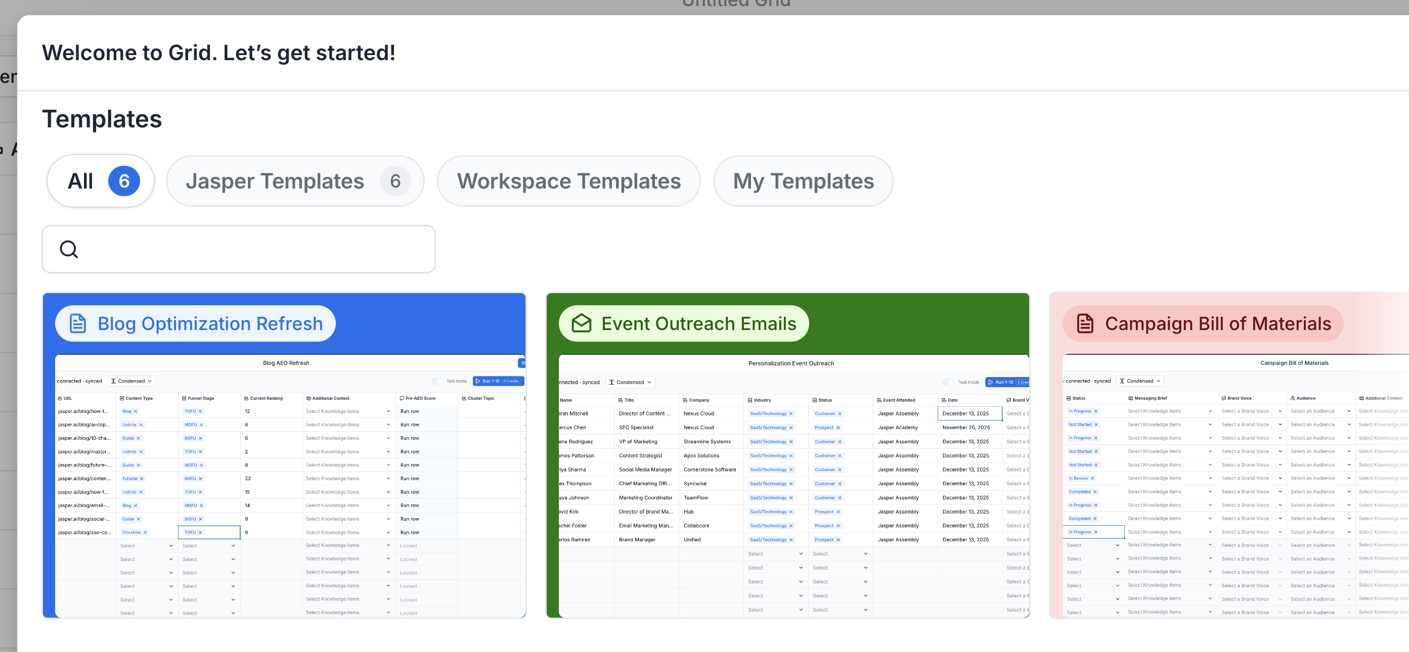 Interface showing templates for Blog Optimization Refresh, Event Outreach Emails, and Campaign Bill of Materials.