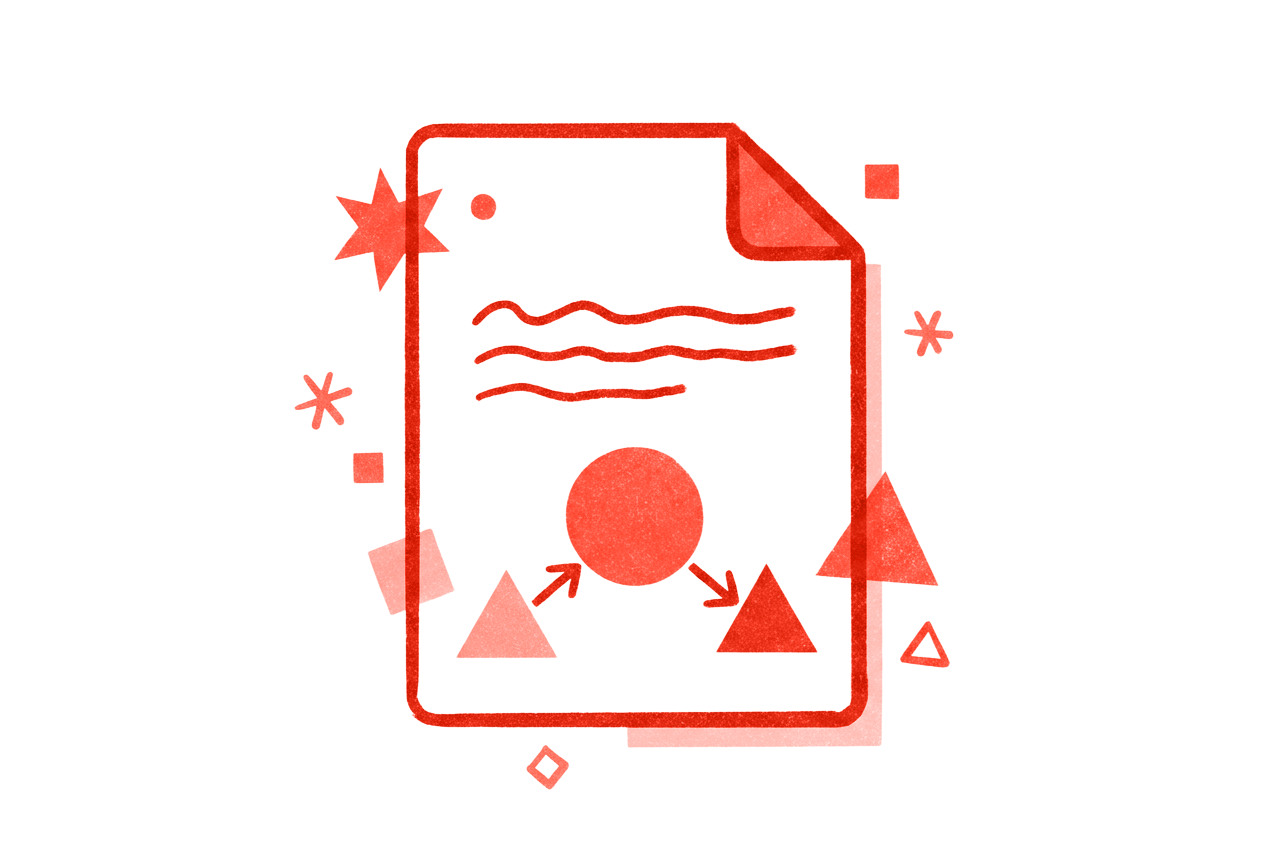 Red outline of a document with wavy lines and arrows pointing from a circle to triangles.