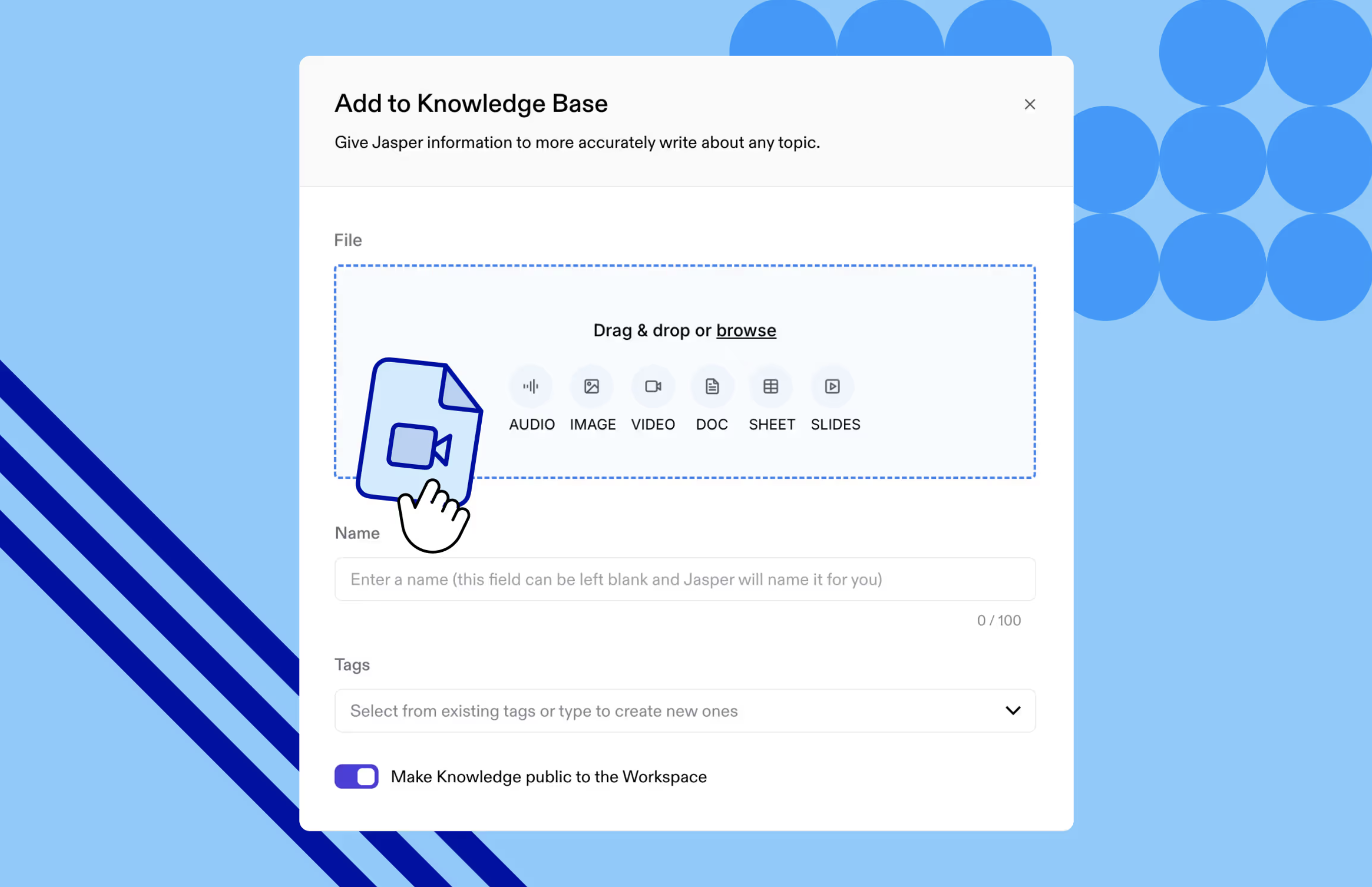 Add to Knowledge Base interface with file upload options for audio, image, video, document, sheet, and slides.