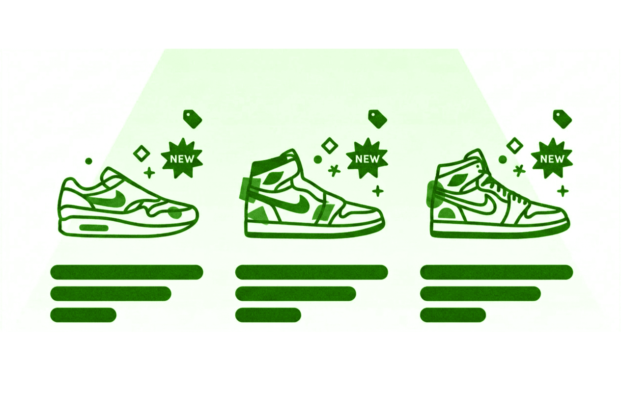 Line drawings of three Nike sneakers with new tags and placeholder text below each shoe.