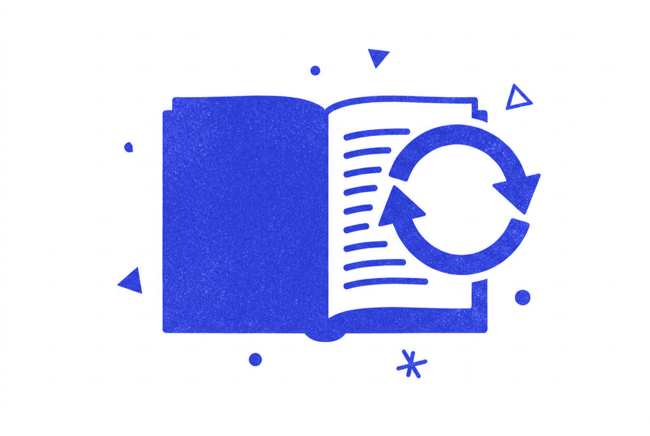 Blue icon of an open book with circular arrows indicating reading or content update.