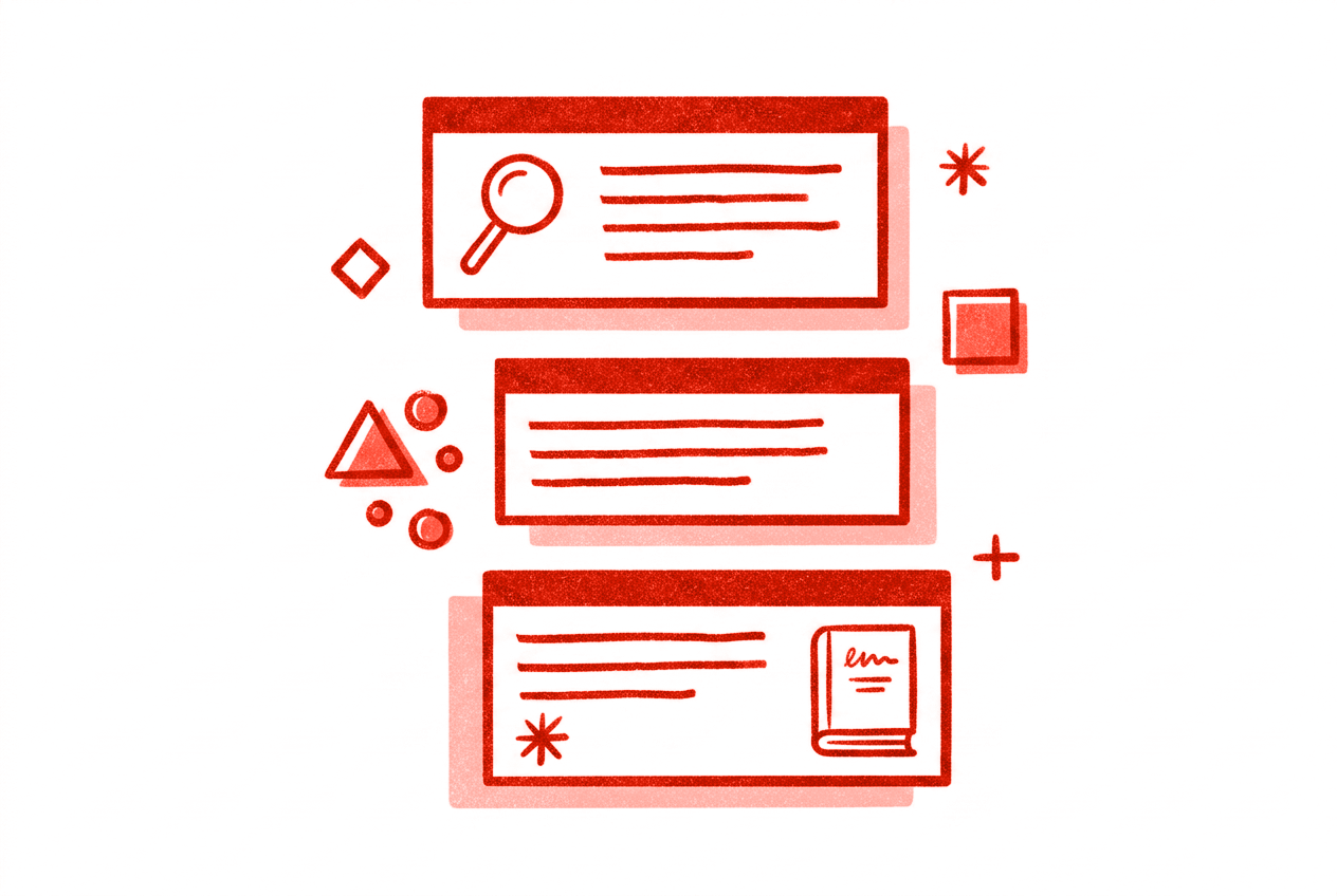 Three red rectangles representing text blocks with icons of a magnifying glass and a book, plus geometric shapes.