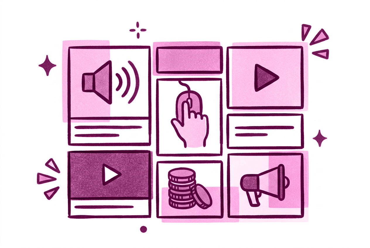 Illustration of icons including speaker, mouse click, play button, coins, and megaphone in pink tones.
