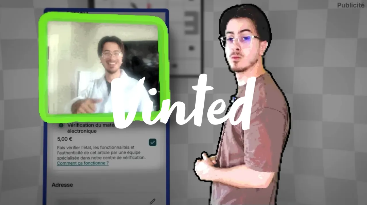 Homme portant des lunettes et un t-shirt marron se tenant debout à côté d'une capture d'écran avec un encadré vert montrant un technicien souriant en blouse blanche, avec le texte Vinted en blanc au centre.