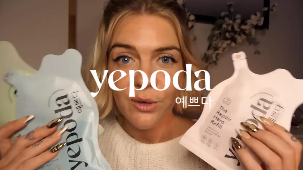Femme souriante tenant deux sachets de produits Yepoda devant elle avec le logo Yepoda en overlay.