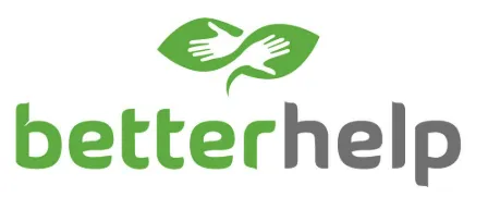 Logo BetterHelp avec deux mains blanches stylisées formant une feuille verte au-dessus du texte "betterhelp" en vert et gris.