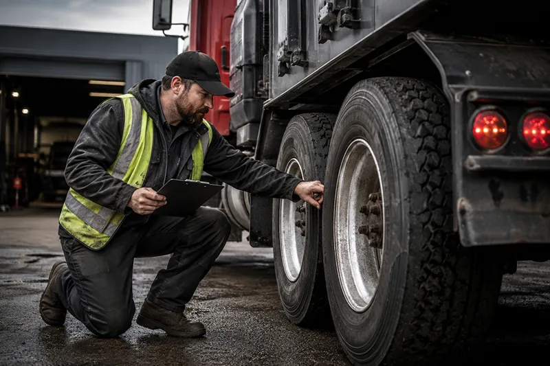Technician performs a DOT inspection on a heavy-duty truck’s rear tires and wheels outside a repair shop.