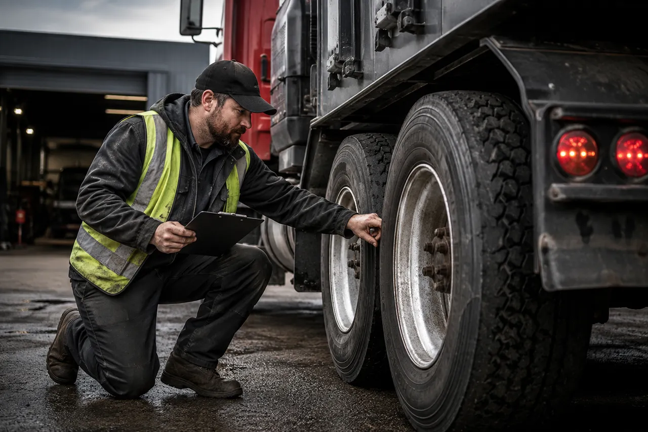 Technician performs a DOT inspection on a heavy-duty truck’s rear tires and wheels outside a repair shop.