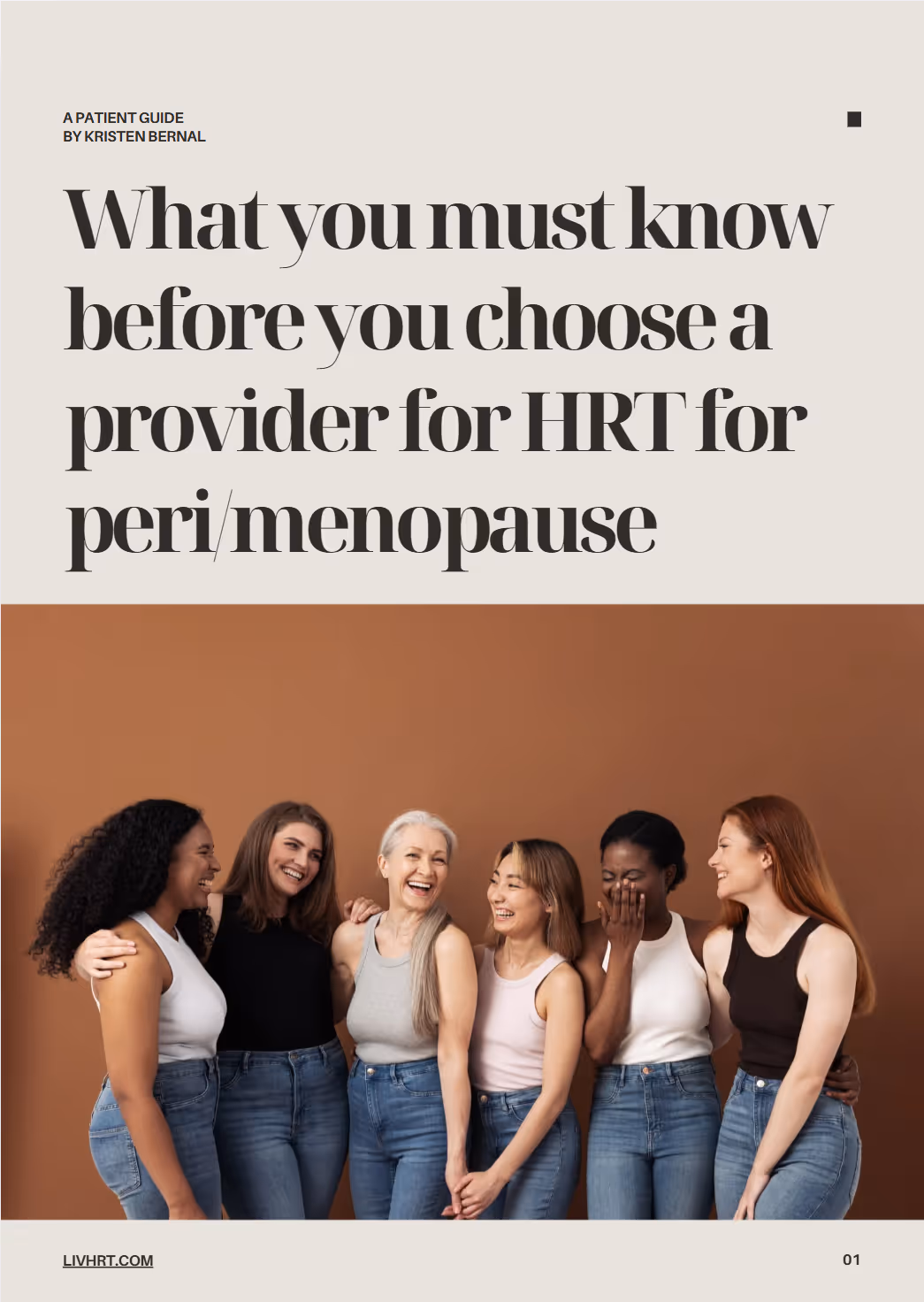 Cover of "What you must know before you choose a provider for HRT for peri / menopause" guide