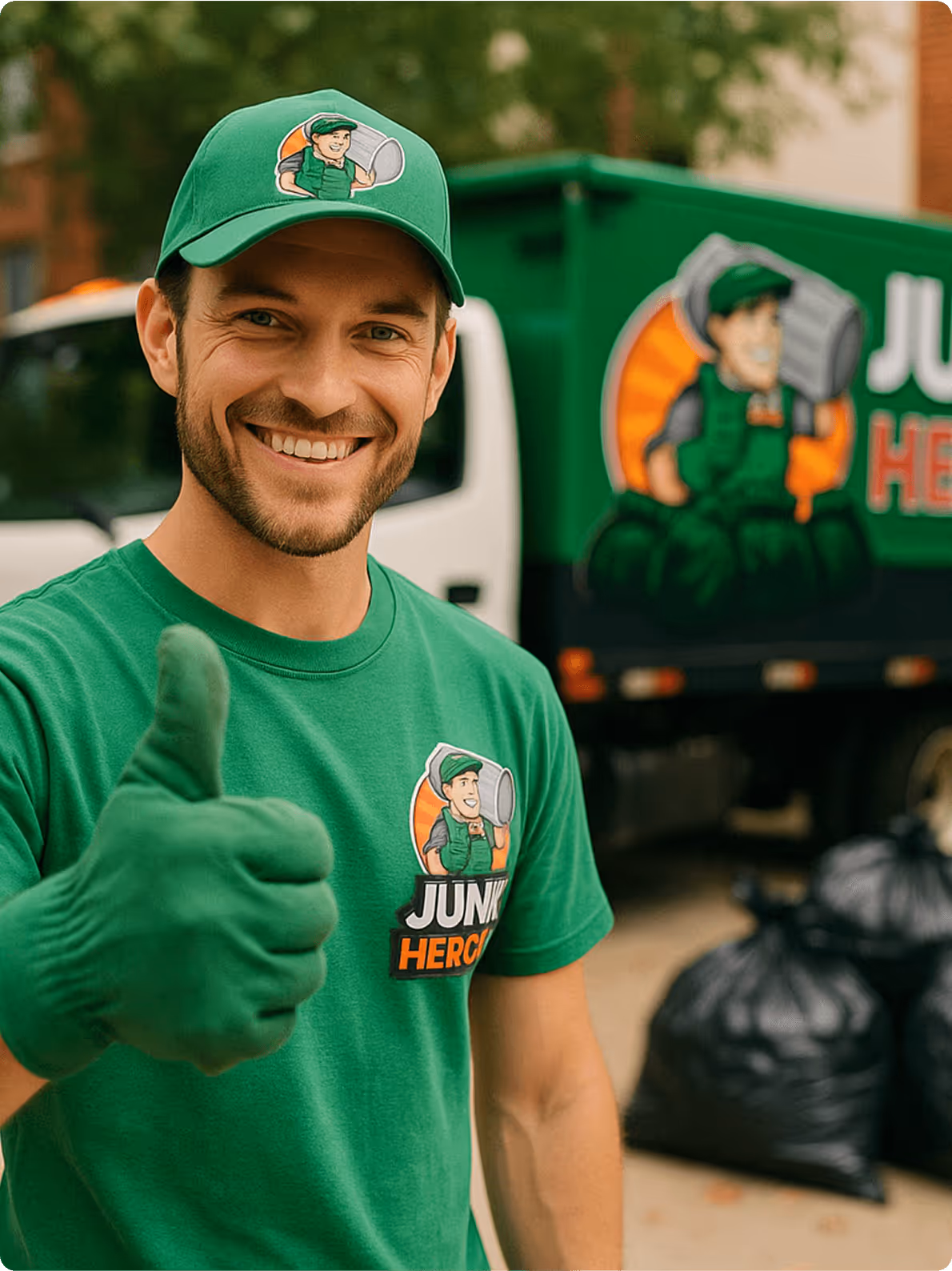 Smiling man in green uniform and gloves giving thumbs up with garbage bags and a truck in the background.