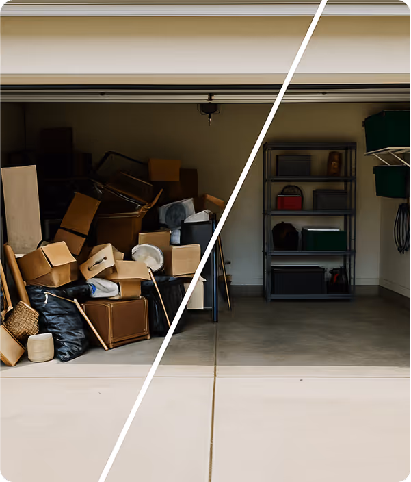 Garage interior split diagonally showing cluttered side filled with boxes and clutter and an organized, clean side with shelves and storage bins.