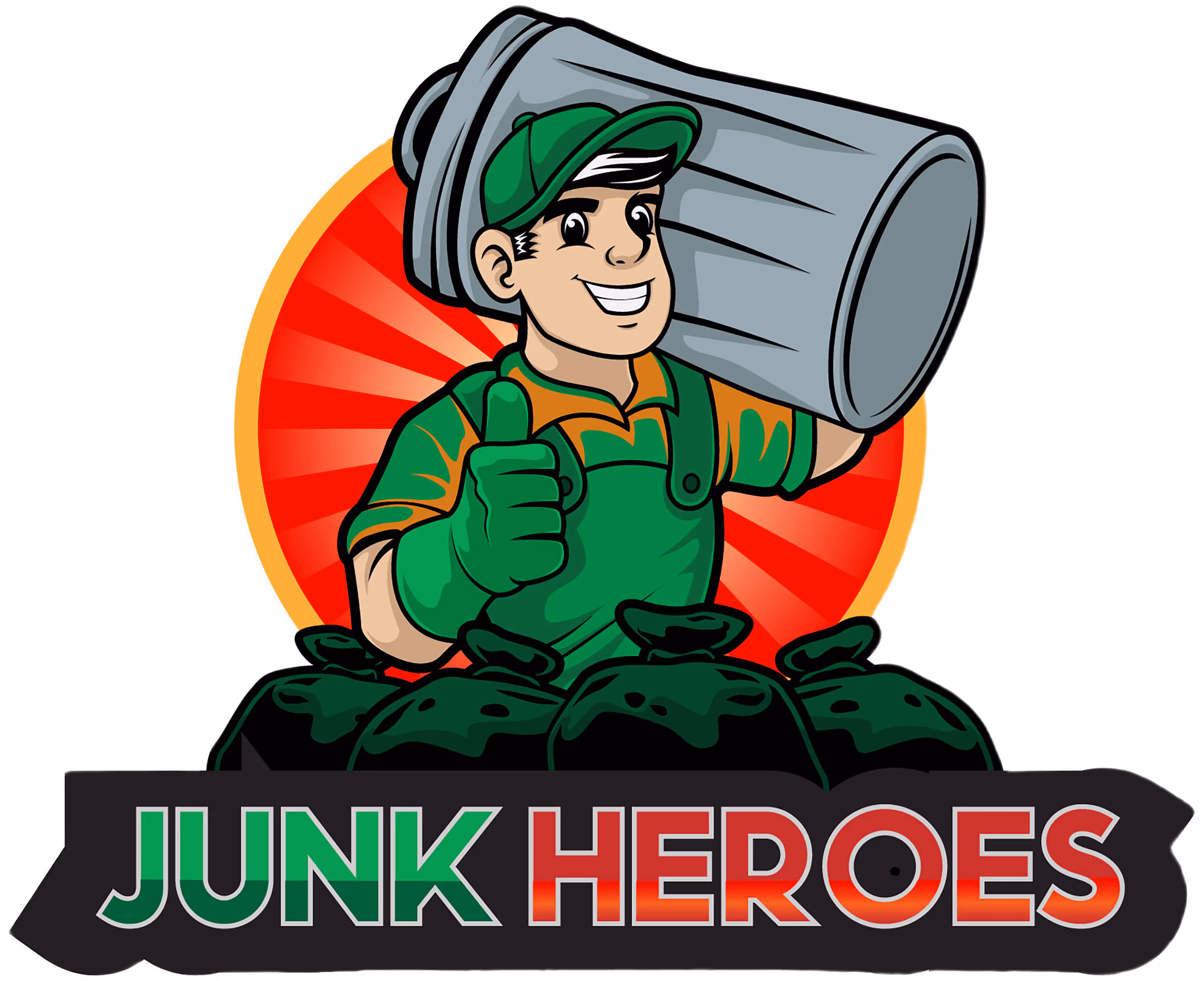 Cartoon worker in green uniform holding a trash can on his shoulder with thumbs up, in front of green trash bags and red sunburst background, with text 'JUNK HEROES'.