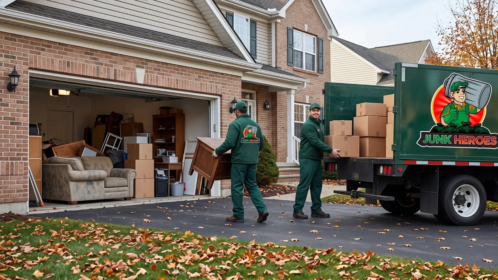 Two men moving junk from a garage to a truck