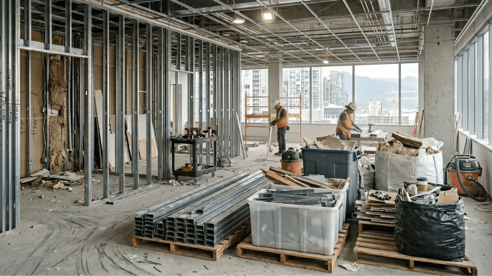 Two construction workers at an interior work site