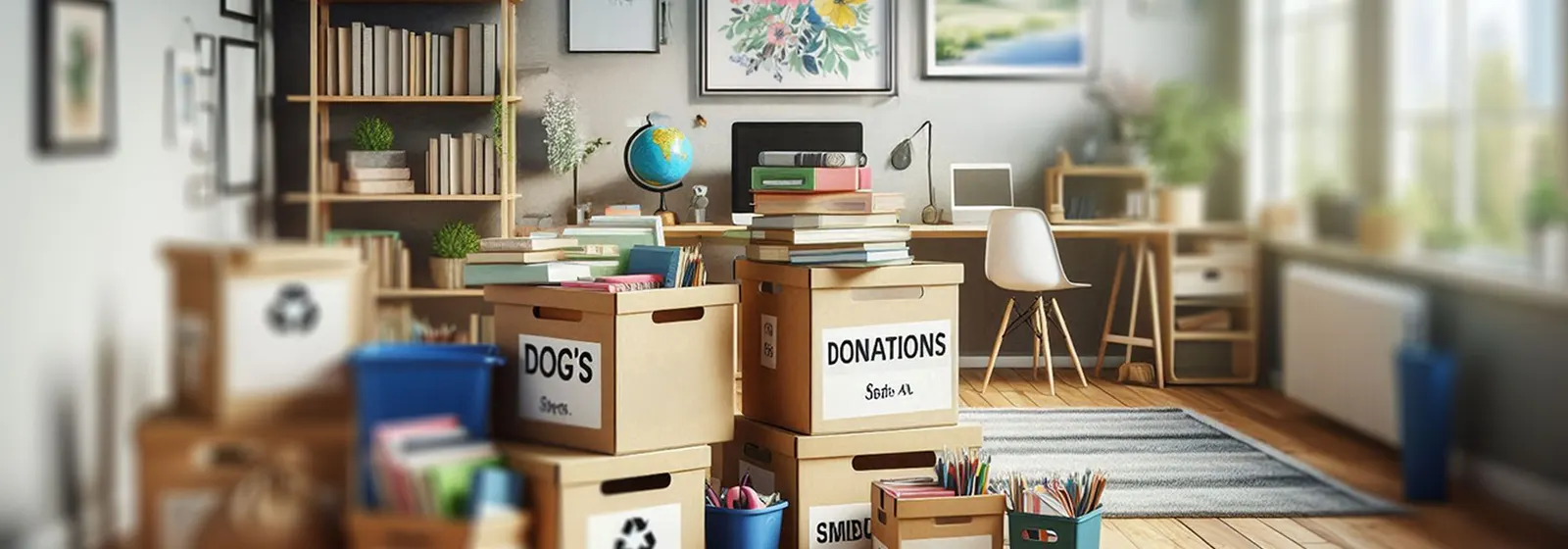 A tidy home study with boxes sorted for donation and recycling