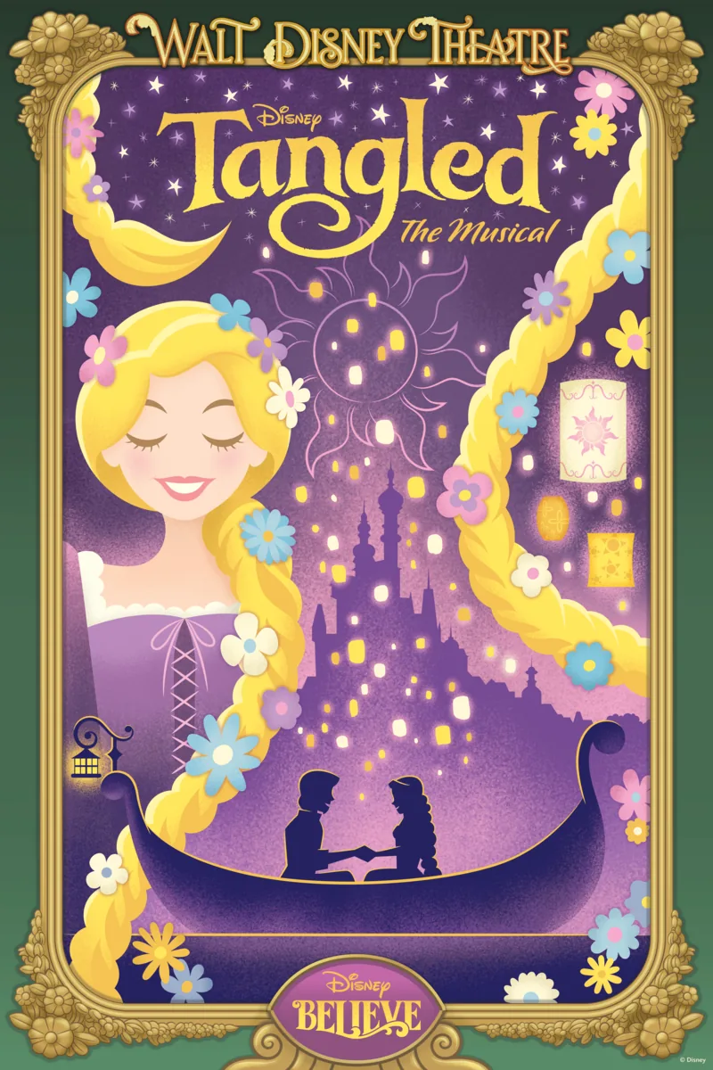 Disney Believe Walt Disney Theatre poster for Tangled: The Musical showing Rapunzel and the floating lanterns