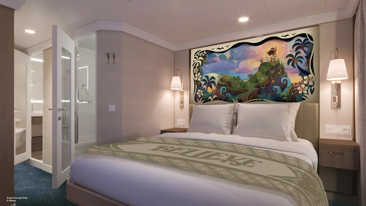 Disney Believe stateroom concept with Moana papercut-style artwork above a queen bed