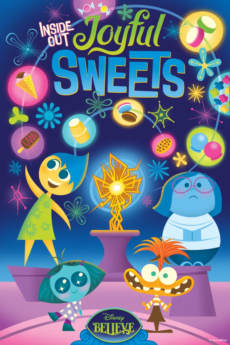 Inside Out Joyful Sweets poster with Joy, Sadness, Anxiety and Envy for the Disney Believe sweet shop