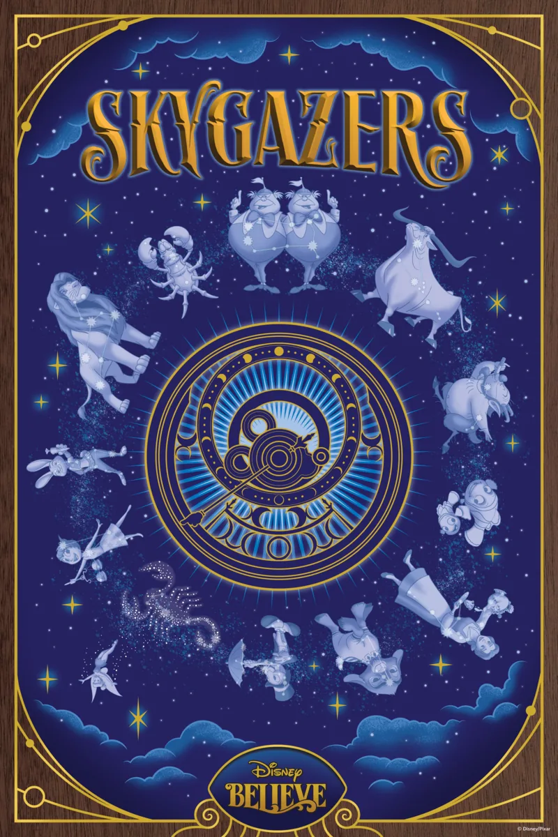 Skygazers poster with Disney character constellations for the observatory-themed pub on the Disney Believe