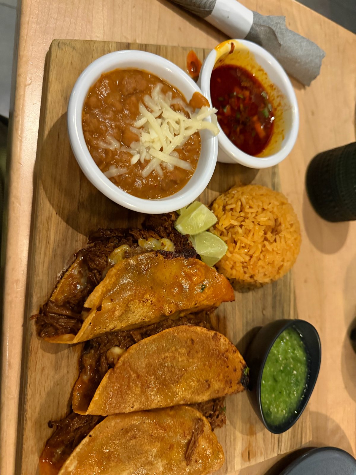 Tacos with rice, beans and salsa at Agave Azul near Walt Disney World