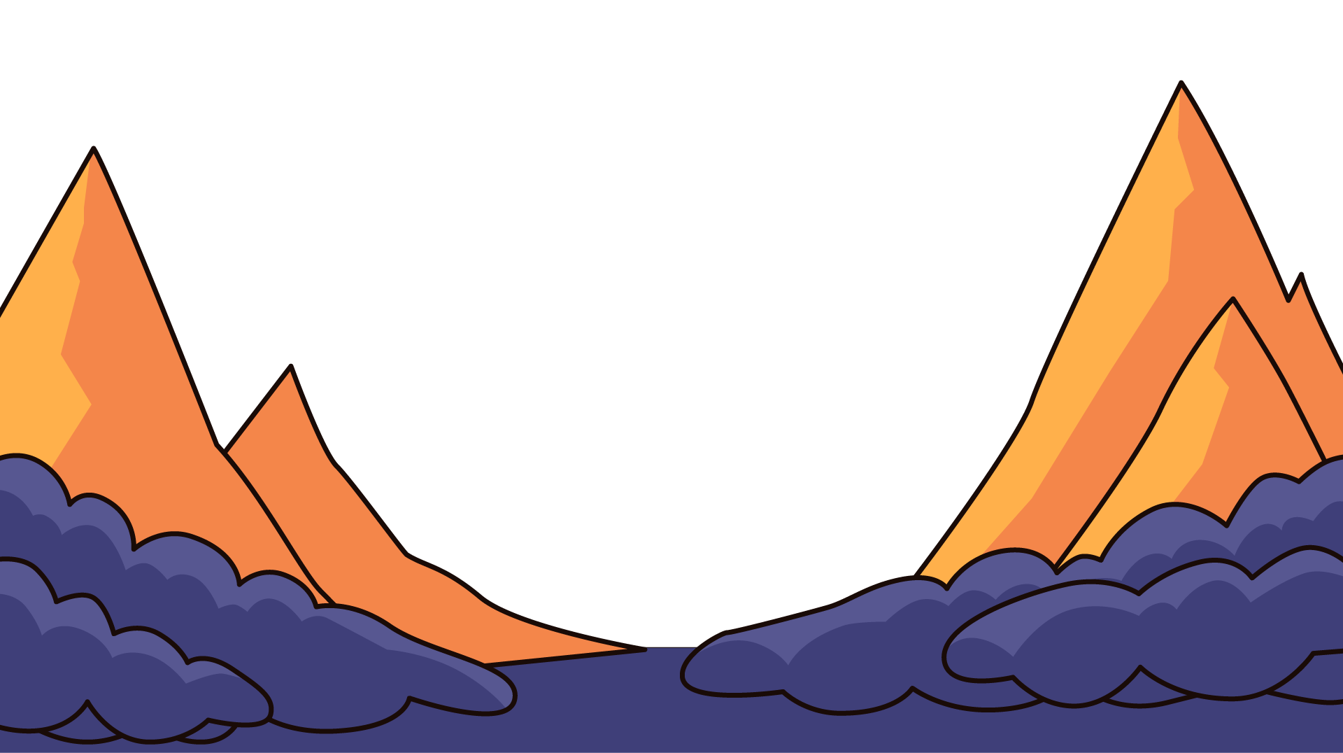 colorful pointy mountains on either side of an excited rock man.