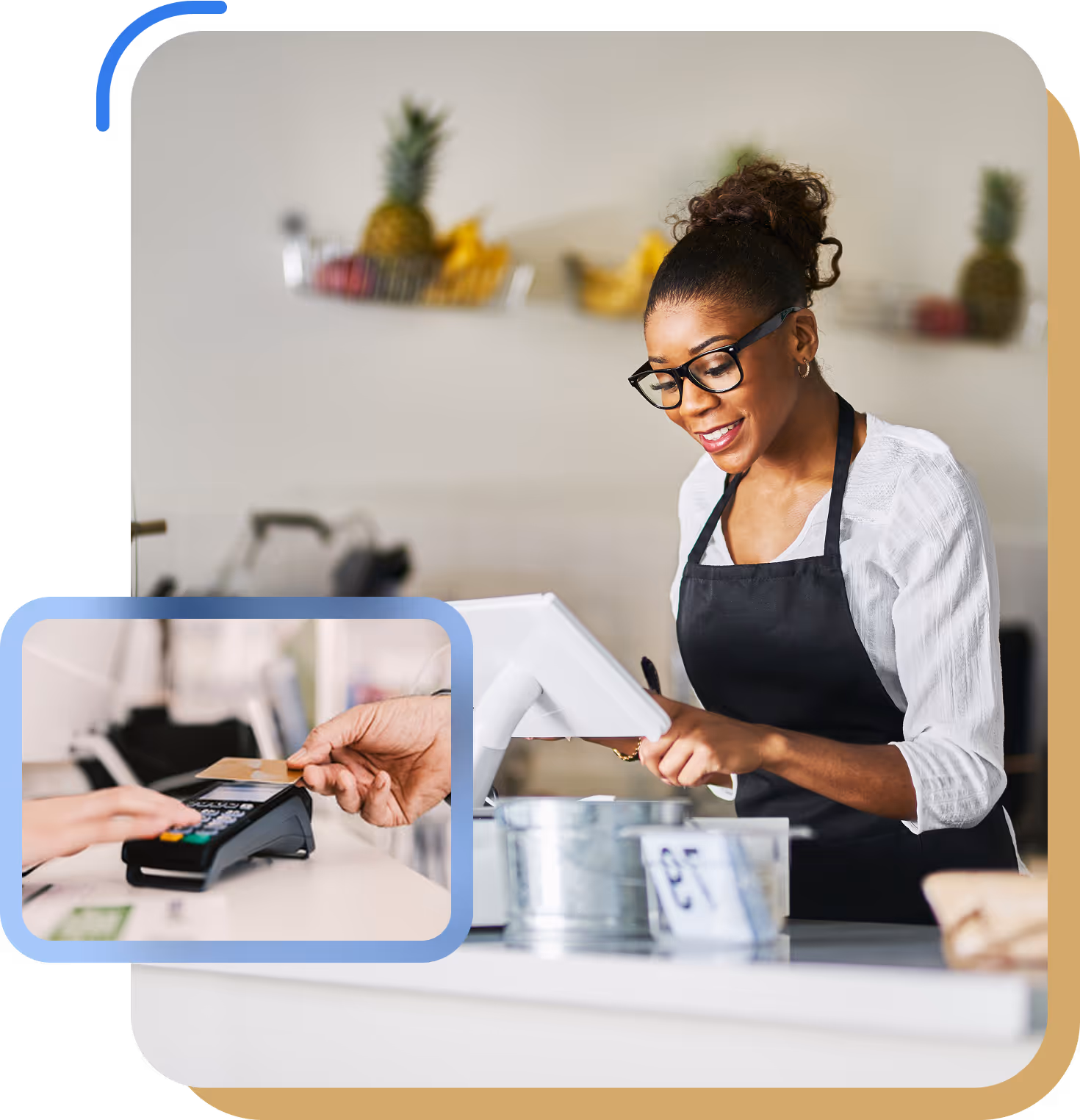 Cashier processing payment at counter with card reader.