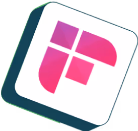 Tilted white square icon with a stylized pink and purple letter F composed of geometric shapes.