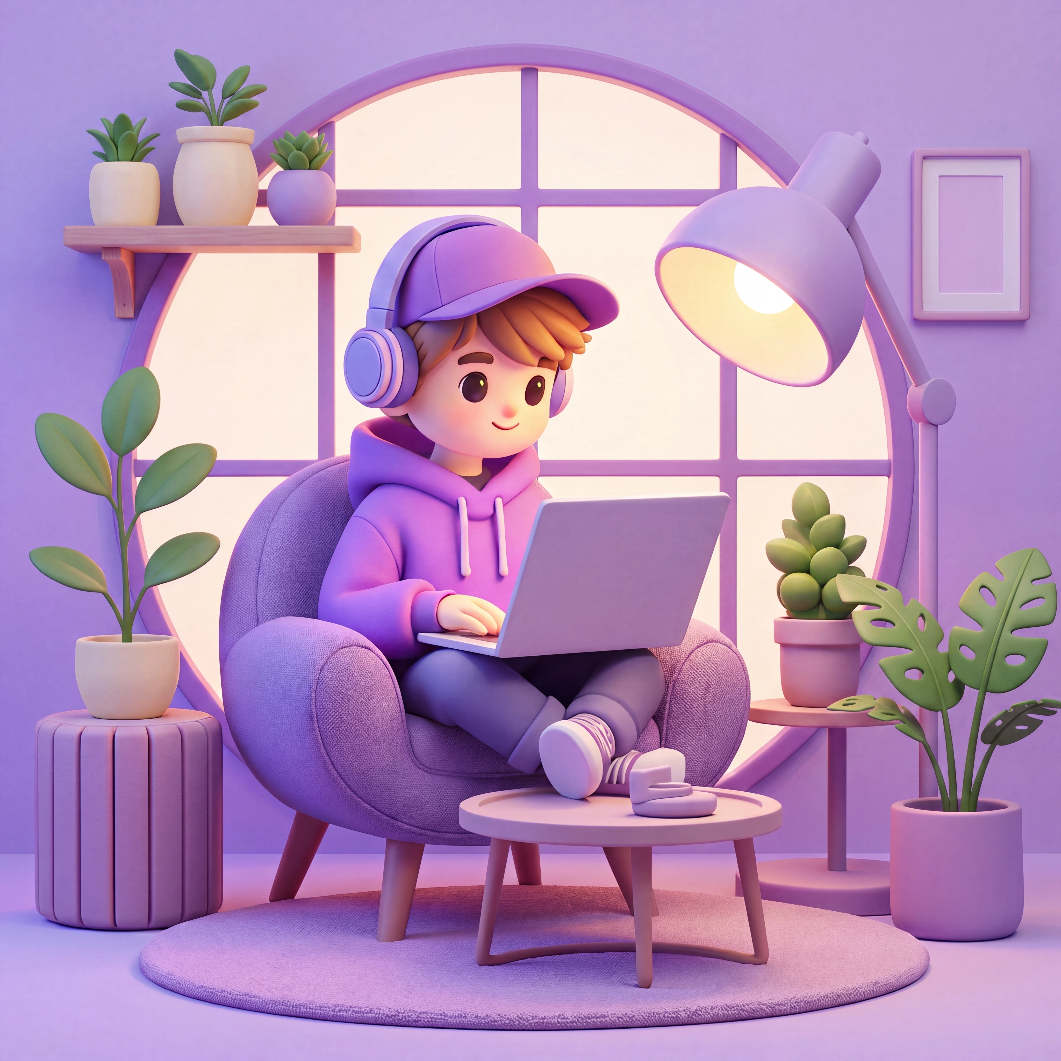 3D digital illustration of a young creative working on a laptop in a cozy, modern room with soft lighting — symbolizing digital marketing and innovation.