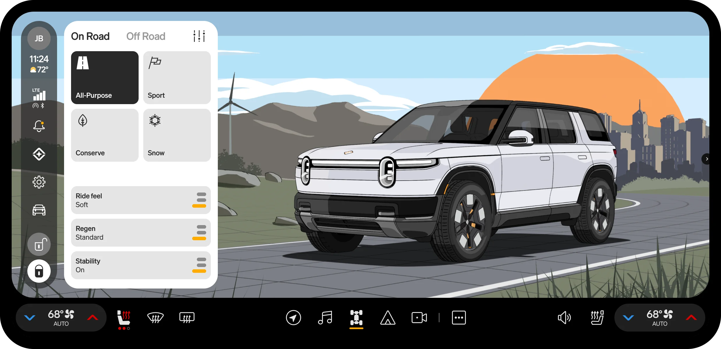 R2 center display in daylight. The same panel: the same On Road and Off Road tabs and the same two-by-two mode chooser, with a single column below it — ride feel, regen and stability — and no height stepper.