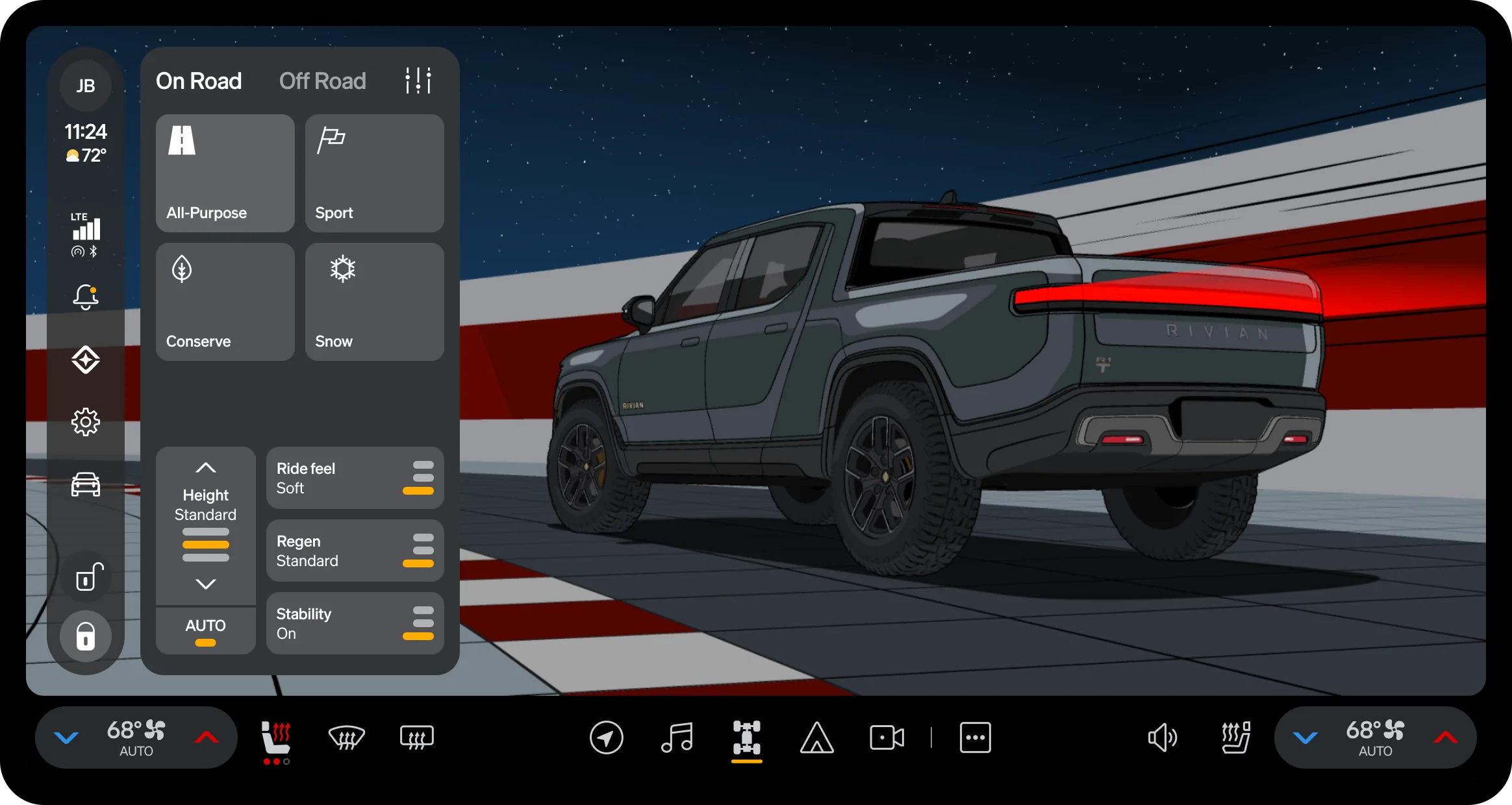 R1 center display at night. The drive-modes panel sits at the left: On Road and Off Road tabs, a two-by-two mode chooser — All-Purpose, Sport, Conserve, Snow — and below it two columns, a height stepper set to Standard beside ride feel, regen and stability.
