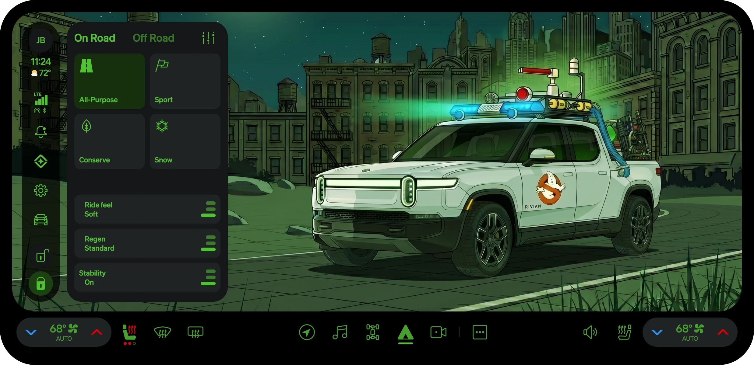 The same display in the Ghostbusters theme. The same panel, same layout and labels, relit in green on near-black, over an illustrated R1T in Ghostbusters livery on a night city street.