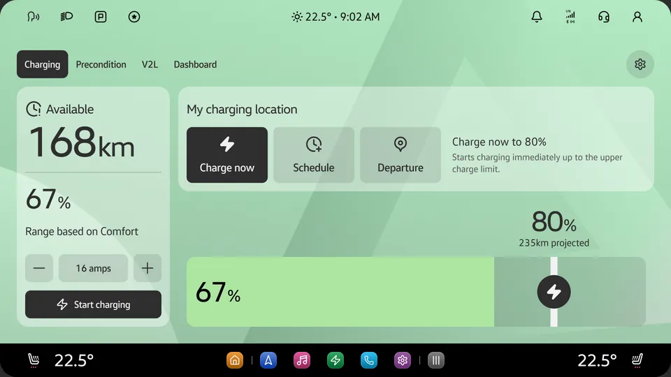 RVT App Library, Charging: 168 km available, charge now to 80 percent, a 16 amp stepper and Start charging