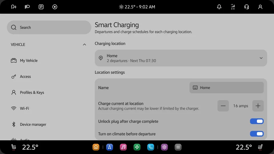 RVT App Library, Smart charging settings: charging location Home, charge current 16 amps, two switches on