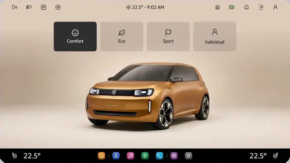 RVT App Library, Drive modes: Comfort selected, then Eco, Sport and Individual, above a concept car